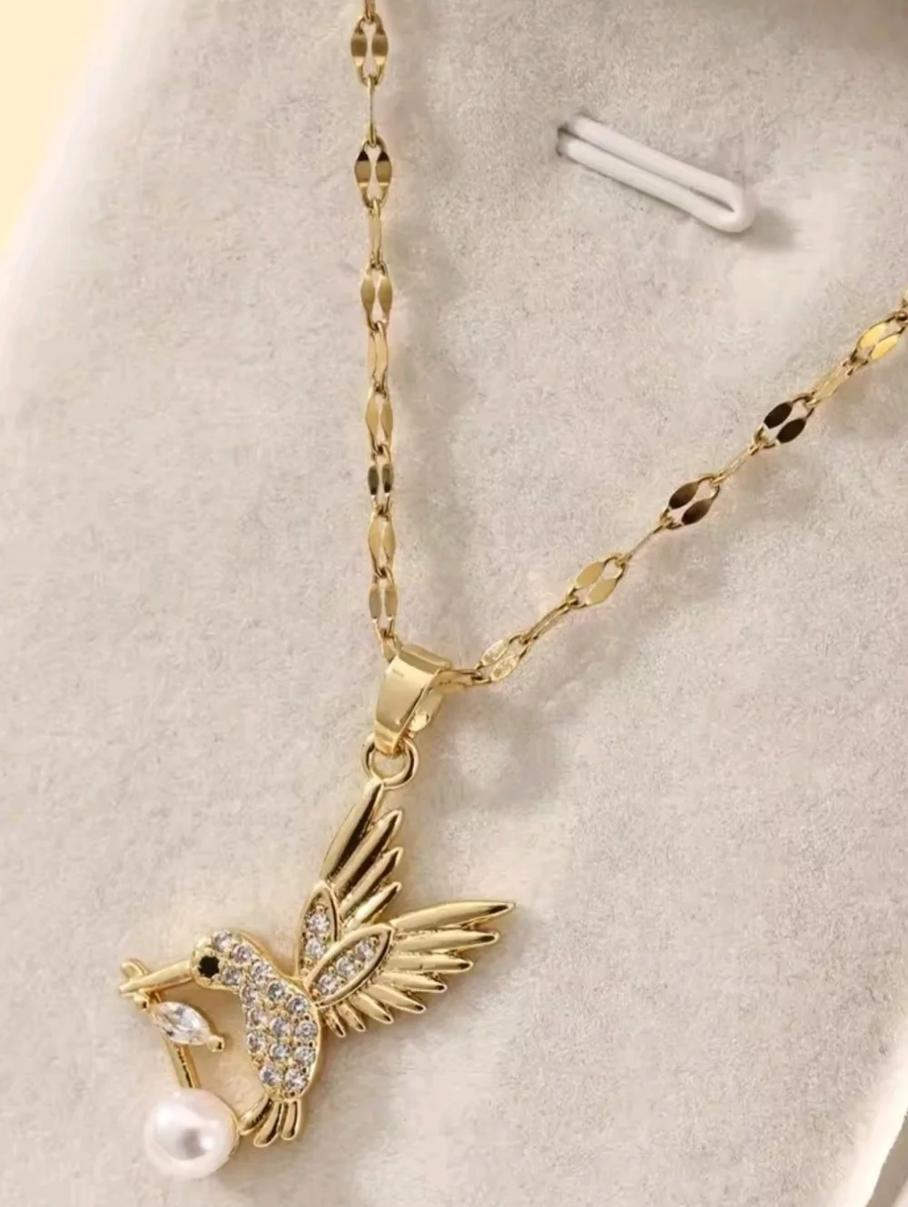 Gold Hummingbird Pearl Necklace Dainty Crystal Bird Pendant Sparkly Jewelry